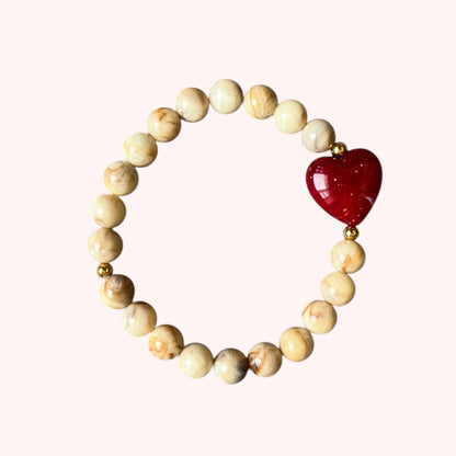 BRACELET PETIT COEUR - BEIGE/ROUGE