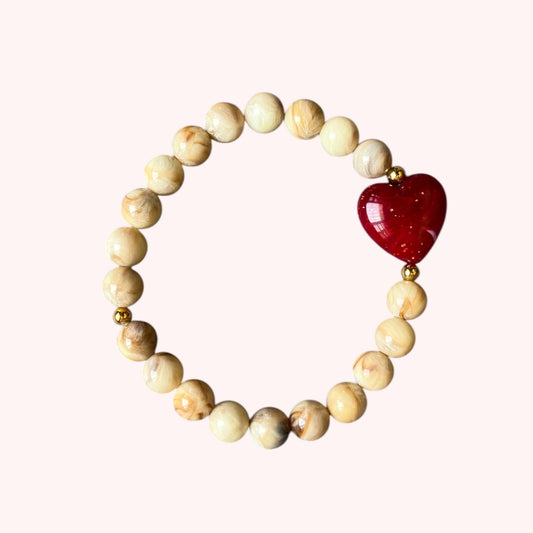 BRACELET PETIT COEUR - BEIGE/ROUGE