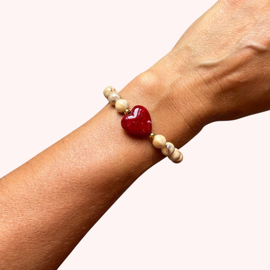 BRACELET PETIT COEUR - BEIGE/ROUGE